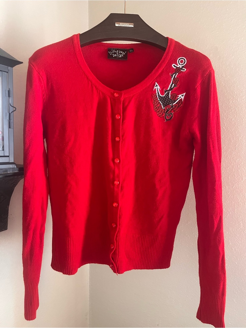 Living Dead Souls Red Embroidered Anchor Button-Front Cardigan